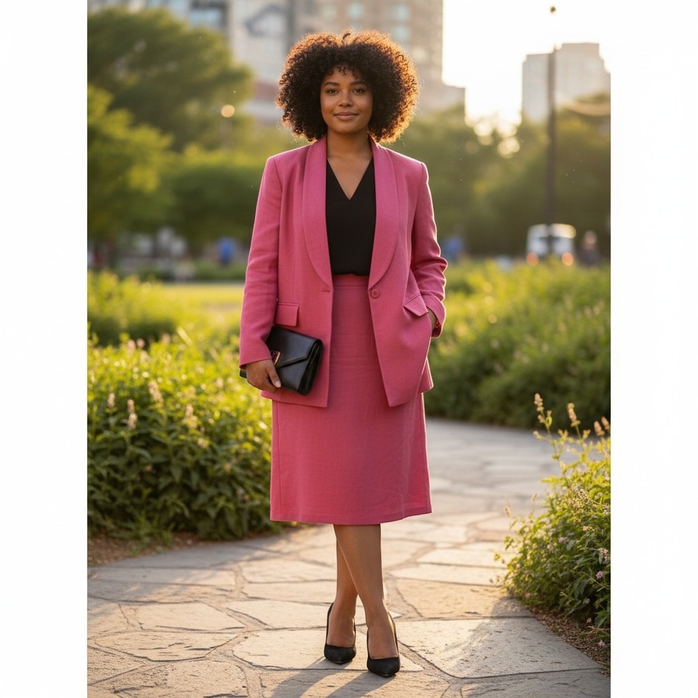 Travis Ayers Skirt Suit Set 14 Pink Excellent Silk Blazer Midi Skirt 2pc Vintage
